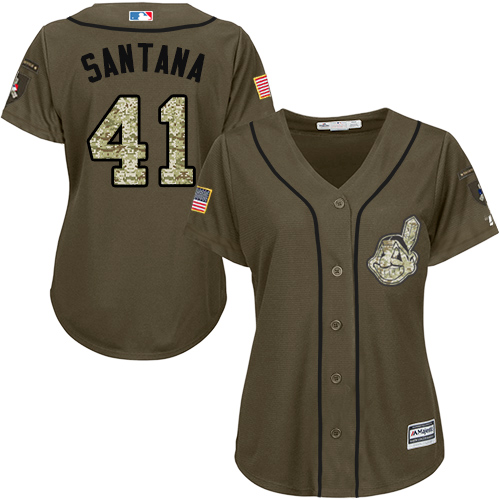Women's Majestic Cleveland Indians #41 Carlos Santana Replica Green Salute to Service MLB Jersey