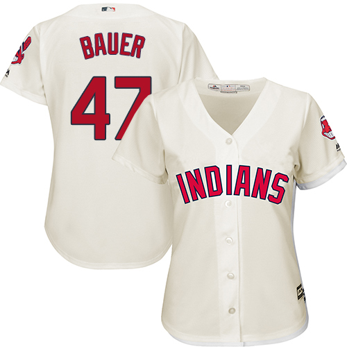 Women's Majestic Cleveland Indians #47 Trevor Bauer Replica Cream Alternate 2 Cool Base MLB Jersey
