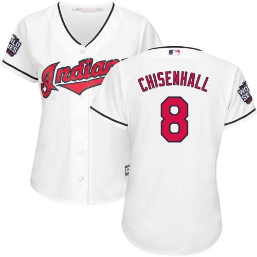 Women's Majestic Cleveland Indians #8 Lonnie Chisenhall Authentic White Home 2016 World Series Bound Cool Base MLB Jersey