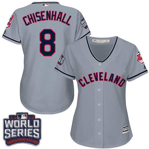 Women's Majestic Cleveland Indians #8 Lonnie Chisenhall Authentic Grey Road 2016 World Series Bound Cool Base MLB Jersey