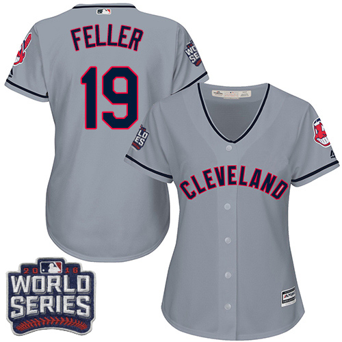 Women's Majestic Cleveland Indians #19 Bob Feller Authentic Grey Road 2016 World Series Bound Cool Base MLB Jersey