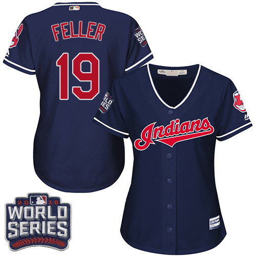 Women's Majestic Cleveland Indians #19 Bob Feller Authentic Navy Blue Alternate 1 2016 World Series Bound Cool Base MLB Jersey