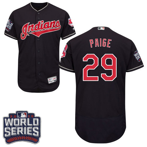 Men's Majestic Cleveland Indians #29 Satchel Paige Navy Blue 2016 World Series Bound Flexbase Authentic Collection MLB Jersey