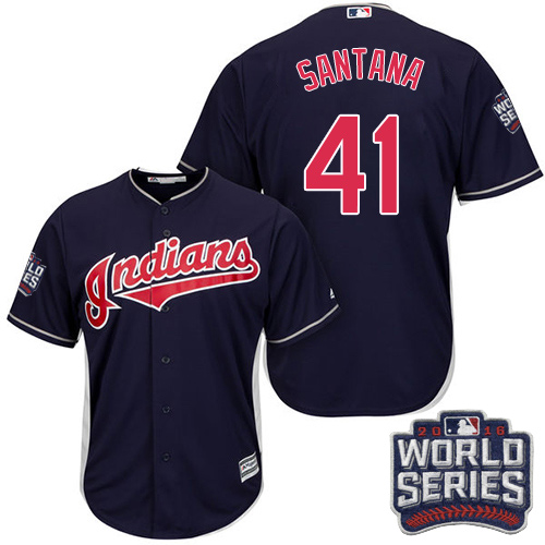 Youth Majestic Cleveland Indians #41 Carlos Santana Authentic Navy Blue Alternate 1 2016 World Series Bound Cool Base MLB Jersey