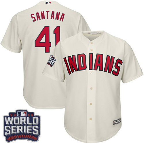 Youth Majestic Cleveland Indians #41 Carlos Santana Authentic Cream Alternate 2 2016 World Series Bound Cool Base MLB Jersey