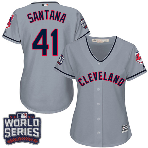 Women's Majestic Cleveland Indians #41 Carlos Santana Authentic Grey Road 2016 World Series Bound Cool Base MLB Jersey