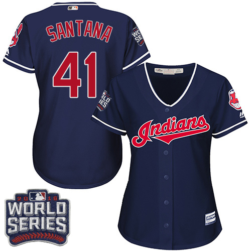 Women's Majestic Cleveland Indians #41 Carlos Santana Authentic Navy Blue Alternate 1 2016 World Series Bound Cool Base MLB Jersey