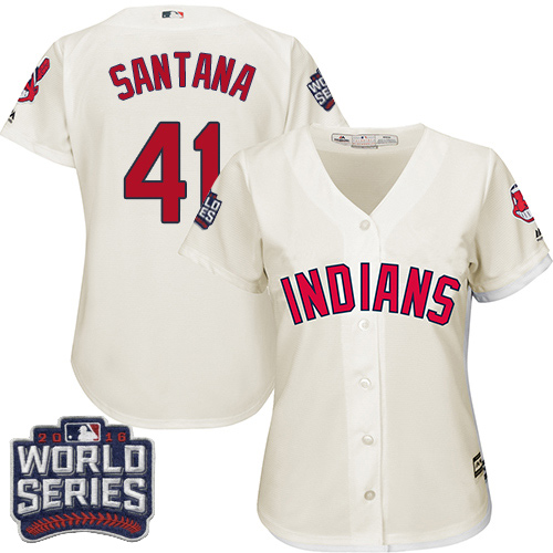 Women's Majestic Cleveland Indians #41 Carlos Santana Authentic Cream Alternate 2 2016 World Series Bound Cool Base MLB Jersey
