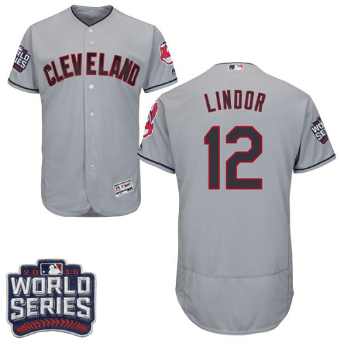 Men's Majestic Cleveland Indians #12 Francisco Lindor Grey 2016 World Series Bound Flexbase Authentic Collection MLB Jersey