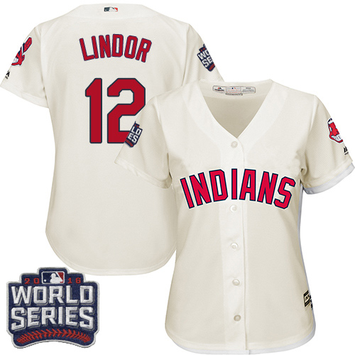 Women's Majestic Cleveland Indians #12 Francisco Lindor Authentic Cream Alternate 2 2016 World Series Bound Cool Base MLB Jersey
