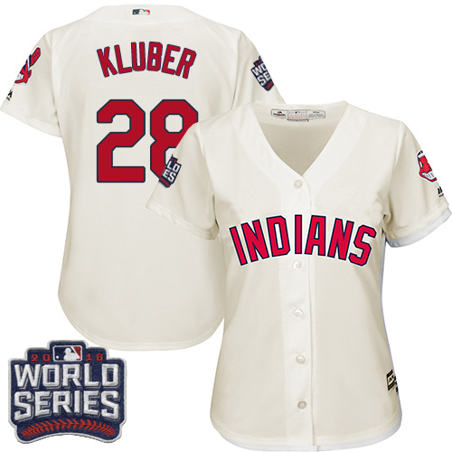 Women's Majestic Cleveland Indians #28 Corey Kluber Authentic Cream Alternate 2 2016 World Series Bound Cool Base MLB Jersey