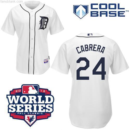 Men's Majestic Detroit Tigers #24 Miguel Cabrera Replica White 2012 World Series Patch MLB Jersey