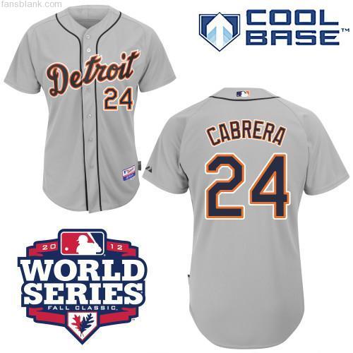 Men's Majestic Detroit Tigers #24 Miguel Cabrera Replica Grey 2012 World Series Patch MLB Jersey