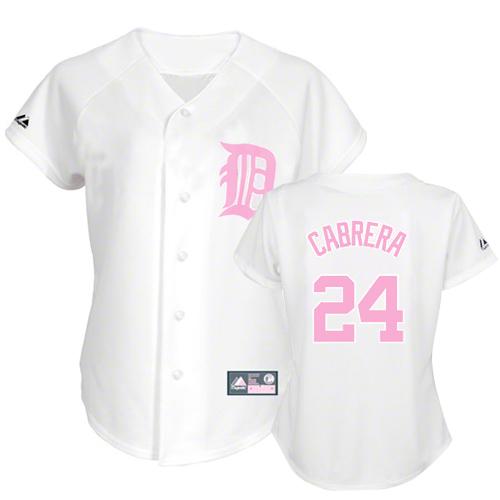 Women's Majestic Detroit Tigers #24 Miguel Cabrera Replica White(Pink No.) Fashion MLB Jersey