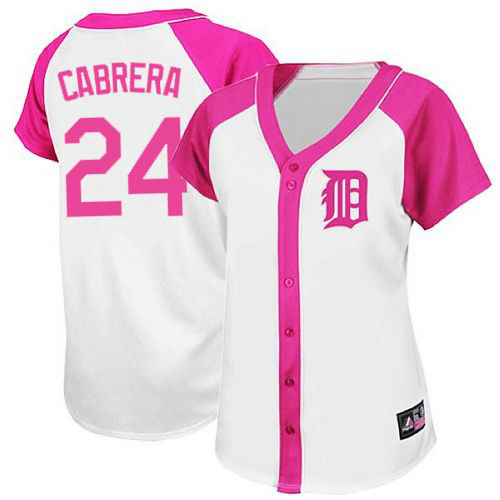 Women's Majestic Detroit Tigers #24 Miguel Cabrera Replica White/Pink Splash Fashion MLB Jersey