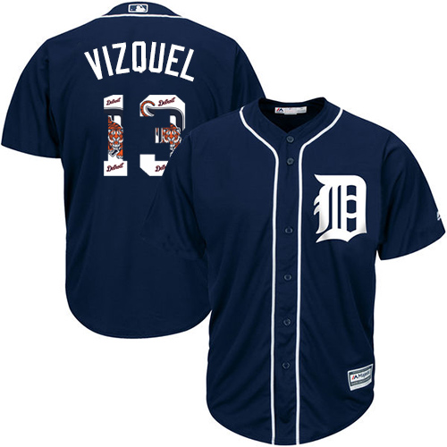 Men's Majestic Detroit Tigers #13 Omar Vizquel Authentic Navy Blue Team Logo Fashion Cool Base MLB Jersey
