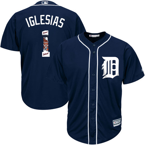 Men's Majestic Detroit Tigers #1 Jose Iglesias Authentic Navy Blue Team Logo Fashion Cool Base MLB Jersey