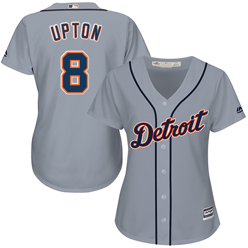 Women's Majestic Detroit Tigers #8 Justin Upton Authentic Grey Road Cool Base MLB Jersey