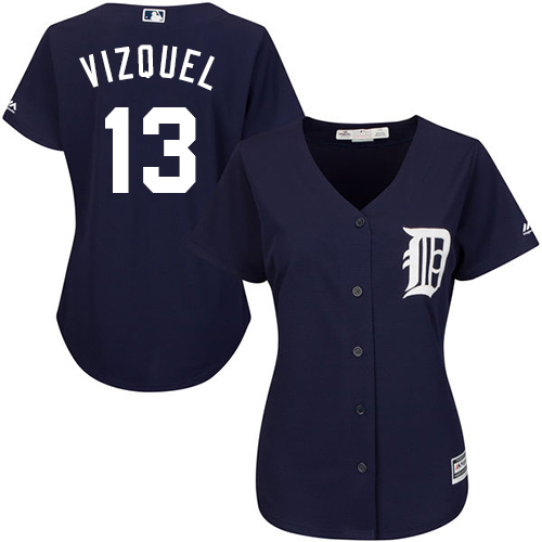 Women's Majestic Detroit Tigers #13 Omar Vizquel Authentic Navy Blue Alternate Cool Base MLB Jersey