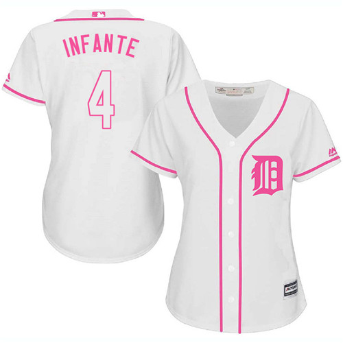 Women's Majestic Detroit Tigers #4 Omar Infante Authentic White Fashion Cool Base MLB Jersey