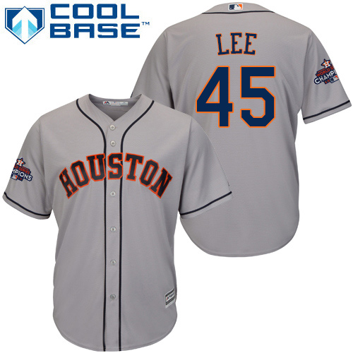 Youth Majestic Houston Astros #45 Carlos Lee Replica Grey Road 2017 World Series Champions Cool Base MLB Jersey