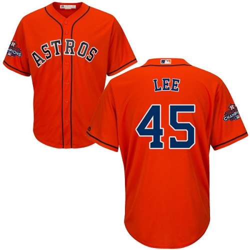 Youth Majestic Houston Astros #45 Carlos Lee Authentic Orange Alternate 2017 World Series Champions Cool Base MLB Jersey