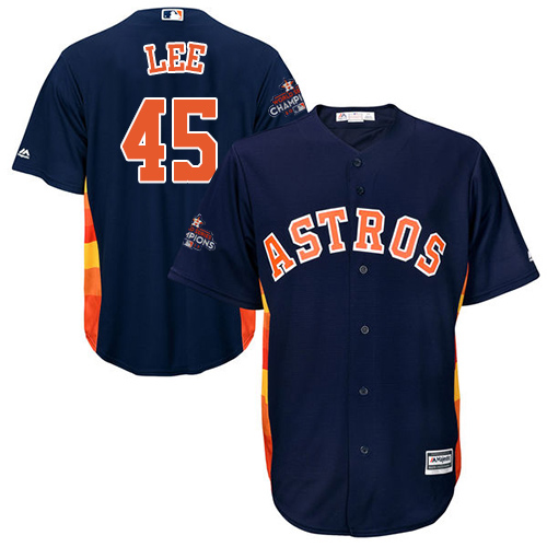 Youth Majestic Houston Astros #45 Carlos Lee Replica Navy Blue Alternate 2017 World Series Champions Cool Base MLB Jersey
