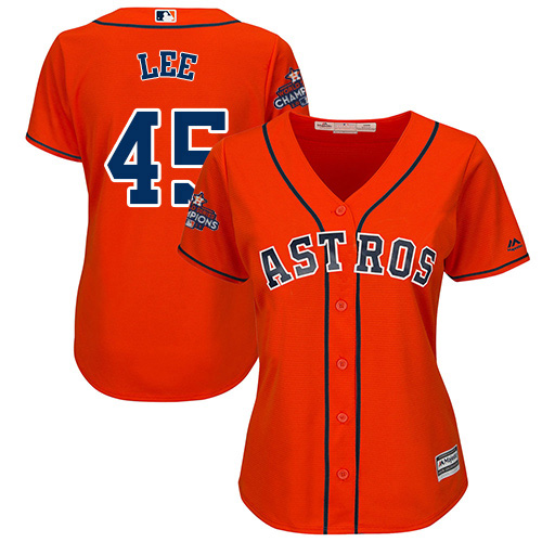 Women's Majestic Houston Astros #45 Carlos Lee Replica Orange Alternate 2017 World Series Champions Cool Base MLB Jersey