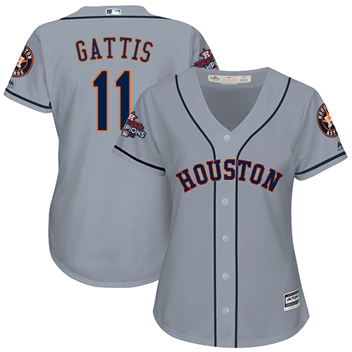 Women's Majestic Houston Astros #11 Evan Gattis Authentic Grey Road 2017 World Series Champions Cool Base MLB Jersey