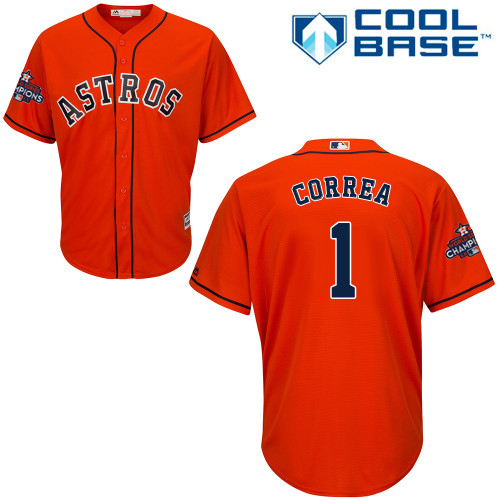 Men's Majestic Houston Astros #1 Carlos Correa Replica Orange Alternate 2017 World Series Champions Cool Base MLB Jersey