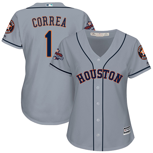 Women's Majestic Houston Astros #1 Carlos Correa Authentic Grey Road 2017 World Series Champions Cool Base MLB Jersey