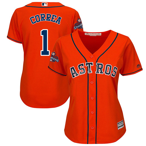 Women's Majestic Houston Astros #1 Carlos Correa Authentic Orange Alternate 2017 World Series Champions Cool Base MLB Jersey