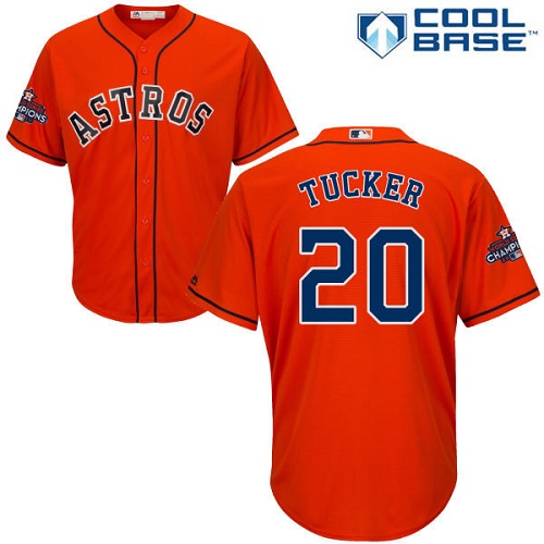 Youth Majestic Houston Astros #20 Preston Tucker Authentic Orange Alternate 2017 World Series Champions Cool Base MLB Jersey