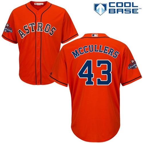 Men's Majestic Houston Astros #43 Lance McCullers Replica Orange Alternate 2017 World Series Champions Cool Base MLB Jersey