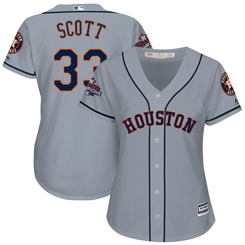 Women's Majestic Houston Astros #33 Mike Scott Authentic Grey Road 2017 World Series Champions Cool Base MLB Jersey