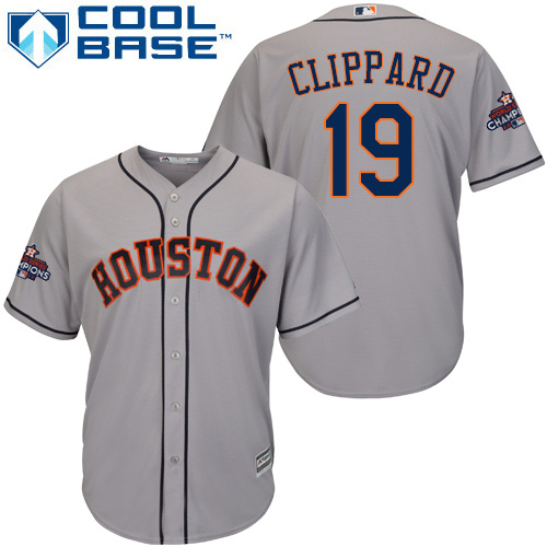 Youth Majestic Houston Astros #19 Tyler Clippard Replica Grey Road 2017 World Series Champions Cool Base MLB Jersey