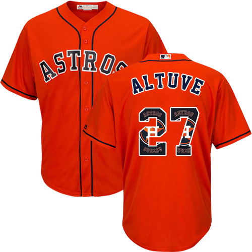Men's Majestic Houston Astros #27 Jose Altuve Authentic Orange Team Logo Fashion Cool Base MLB Jersey