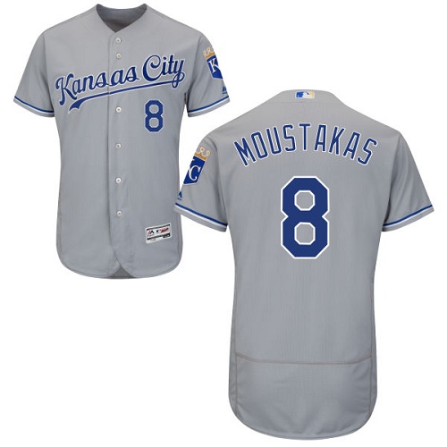 Men's Majestic Kansas City Royals #8 Mike Moustakas Authentic Grey Road Cool Base MLB Jersey