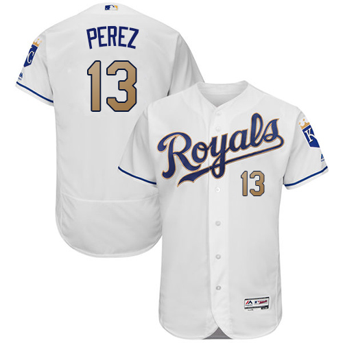 Men's Majestic Kansas City Royals #13 Salvador Perez White Home Flex Base Authentic MLB Jersey