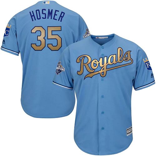 Youth Majestic Kansas City Royals #35 Eric Hosmer Authentic Light Blue 2015 World Series Champions Gold Program Cool Base MLB Jersey