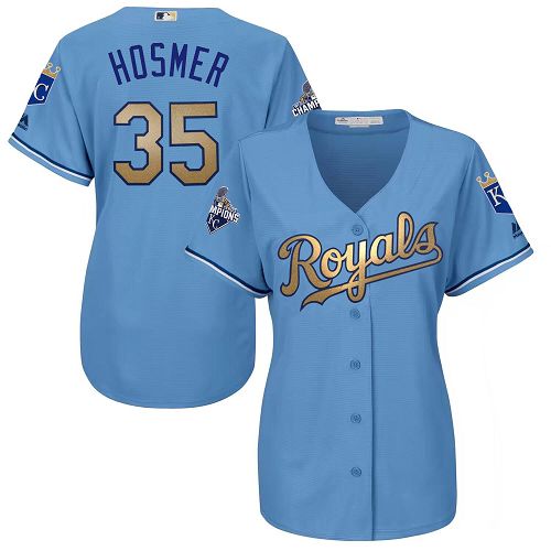 Women's Majestic Kansas City Royals #35 Eric Hosmer Authentic Light Blue 2015 World Series Champions Gold Program Cool Base MLB Jersey