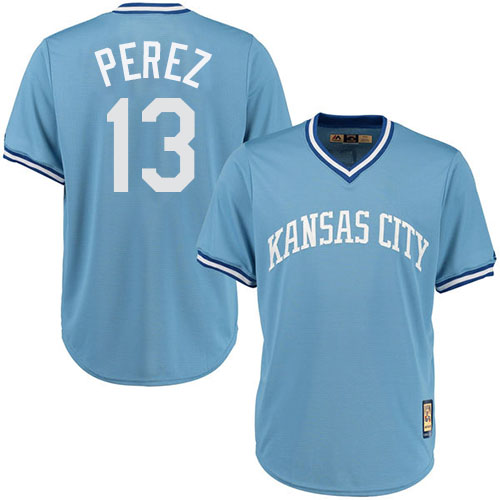Men's Majestic Kansas City Royals #13 Salvador Perez Authentic Light Blue Cooperstown MLB Jersey