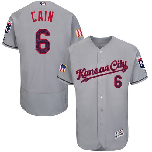 Men's Majestic Kansas City Royals #6 Lorenzo Cain Authentic Grey Fashion Stars & Stripes Flex Base MLB Jersey