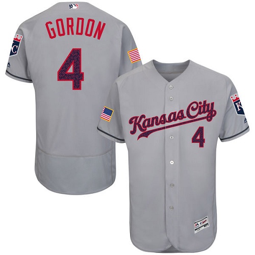 Men's Majestic Kansas City Royals #4 Alex Gordon Authentic Grey Fashion Stars & Stripes Flex Base MLB Jersey