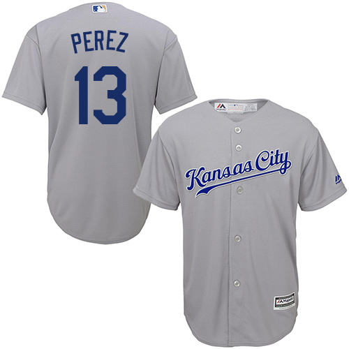 Youth Majestic Kansas City Royals #13 Salvador Perez Replica Grey Road Cool Base MLB Jersey
