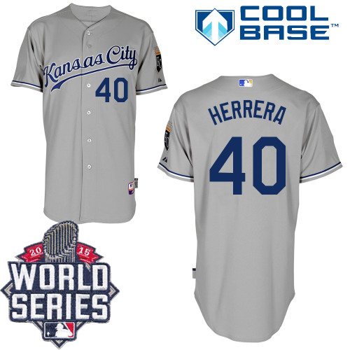 Men's Majestic Kansas City Royals #40 Kelvin Herrera Authentic Grey Road Cool Base 2015 World Series Patch MLB Jersey