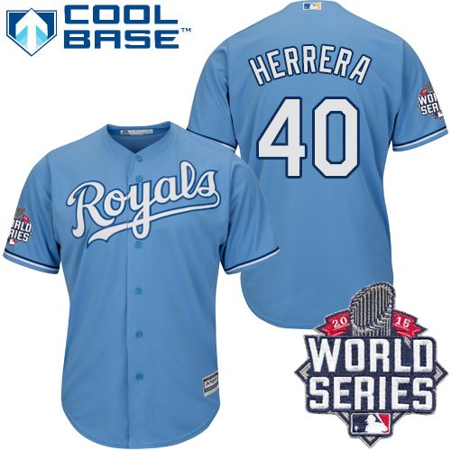 Men's Majestic Kansas City Royals #40 Kelvin Herrera Authentic Light Blue Alternate 1 Cool Base 2015 World Series Patch MLB Jersey