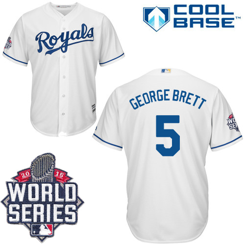 Men's Majestic Kansas City Royals #5 George Brett Authentic White Home Cool Base 2015 World Series Patch MLB Jersey