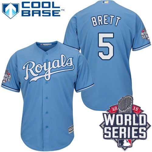 Men's Majestic Kansas City Royals #5 George Brett Authentic Light Blue Alternate 1 Cool Base 2015 World Series Patch MLB Jersey