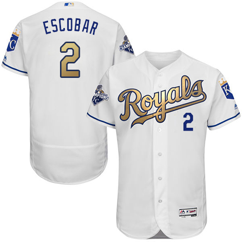Men's Majestic Kansas City Royals #2 Alcides Escobar Authentic White 2015 World Series Champions Gold Program FlexBase MLB Jersey